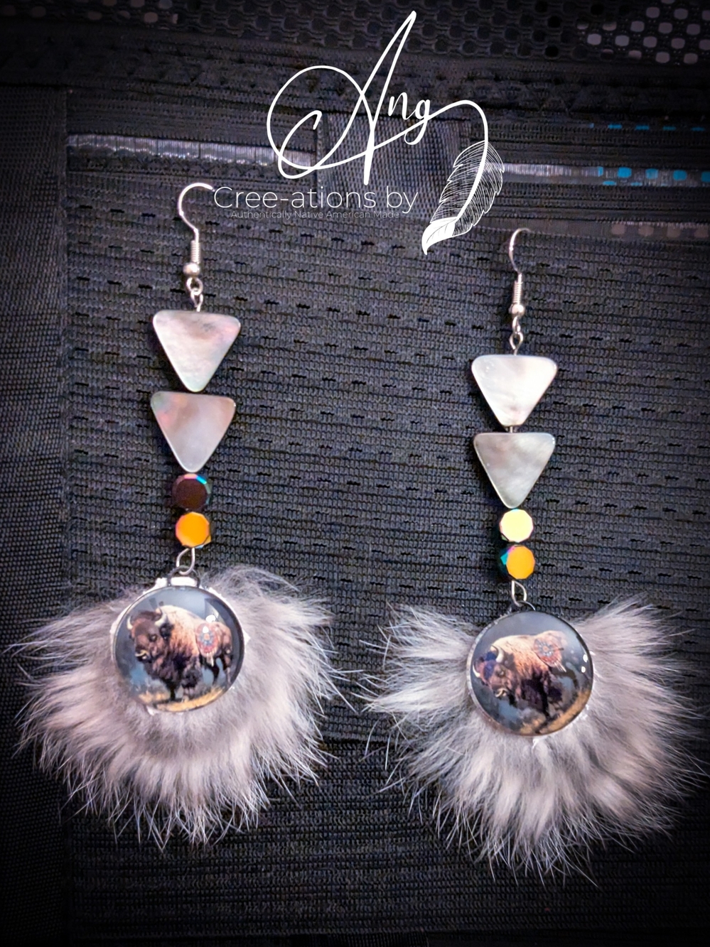 Native American Gray Fur Buffalo Black Lip Shell Earrings